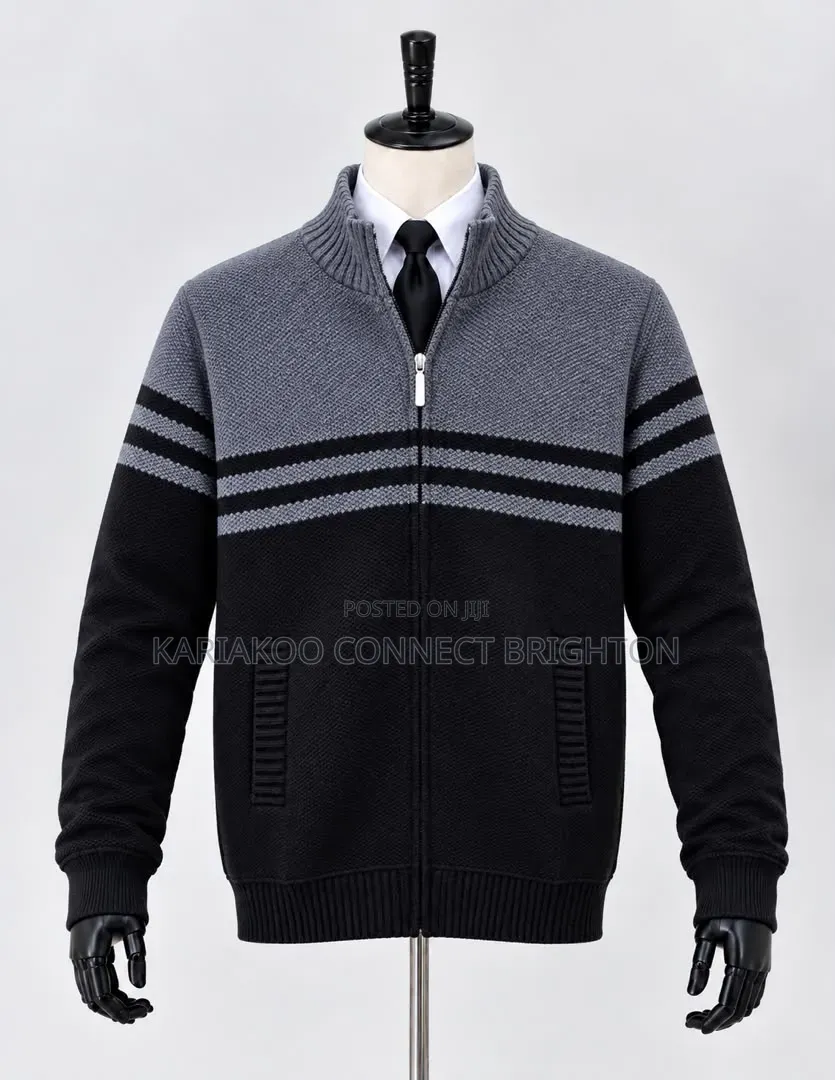 Grey Striped Knitted Zip Jacket