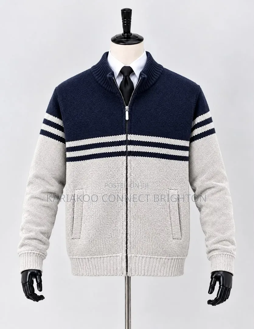 Grey Striped Knitted Zip Jacket