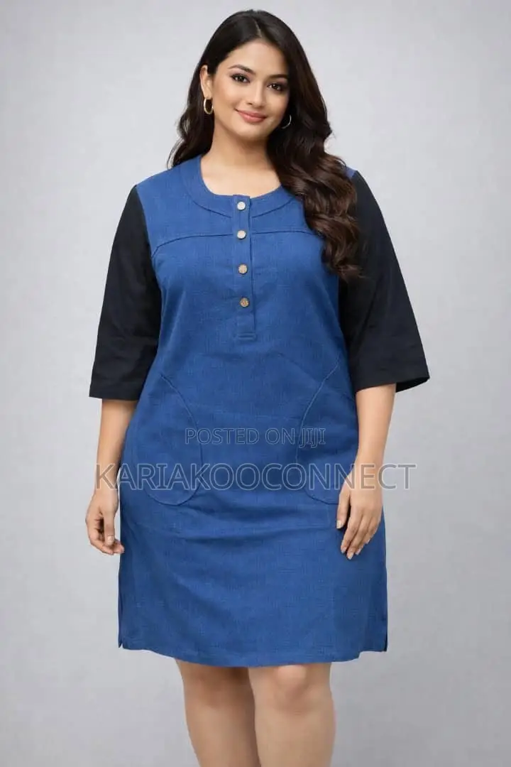 Casual Denim-Look Shift Dress With Contrast Sleeves