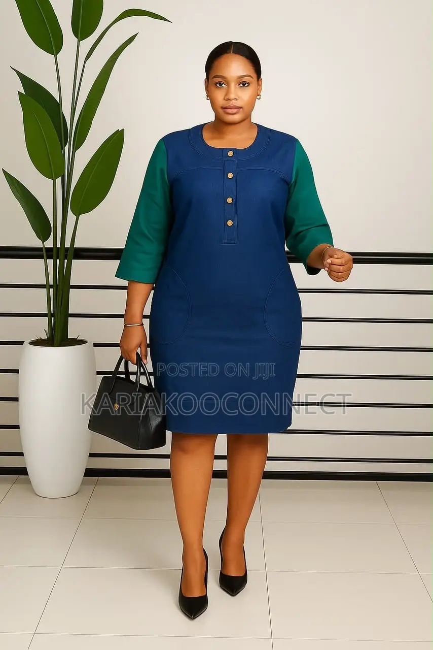 Casual Denim-Look Shift Dress With Contrast Sleeves