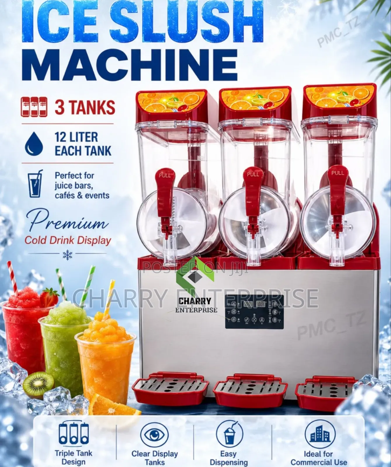 ICE SLUSH MACHINE 3TANKS 12L Each for Slush Frozen Juice Cold Drinks