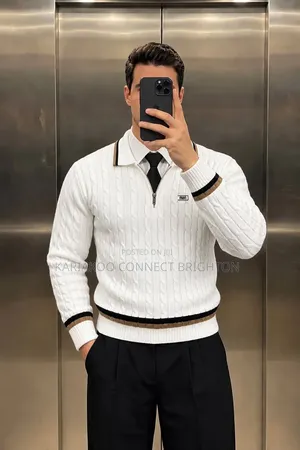 White Brown Striped Knitted Zip Sweater