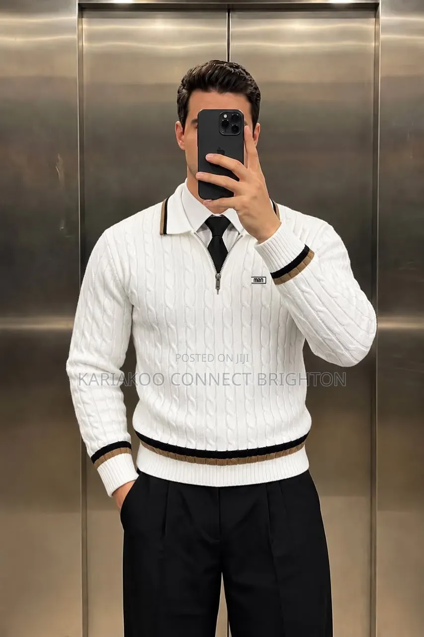 White Brown Striped Knitted Zip Sweater