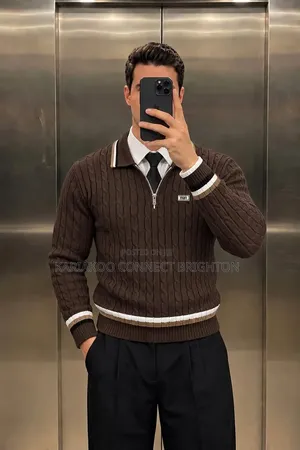 White Brown Striped Knitted Zip Sweater