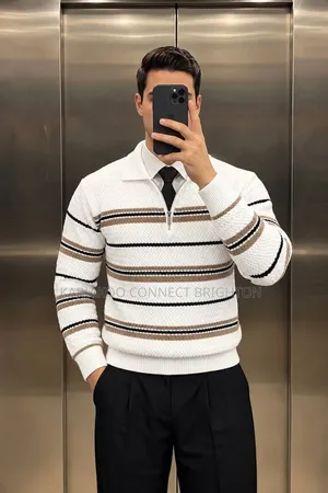 White Brown Striped Knitted Zip Sweater