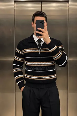 White Brown Striped Knitted Zip Sweater