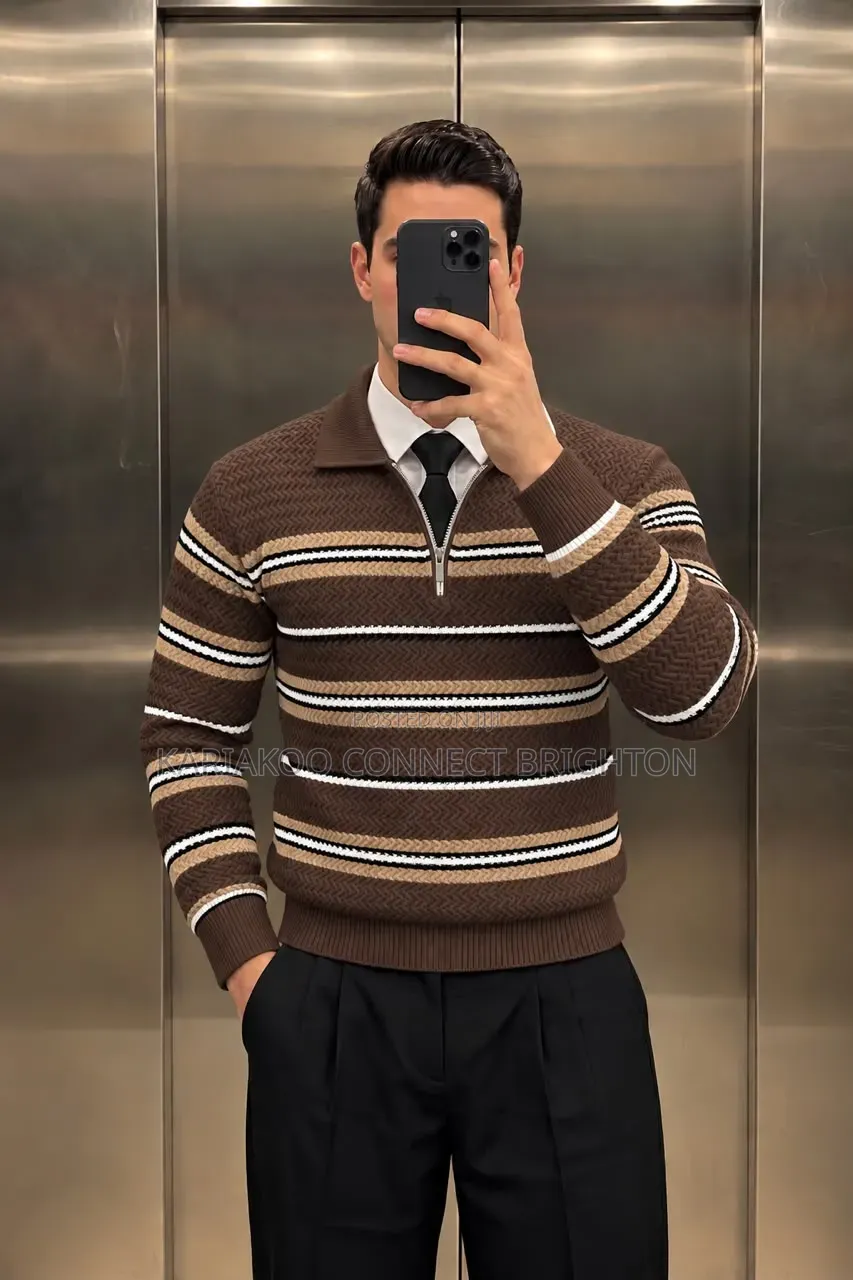 White Brown Striped Knitted Zip Sweater