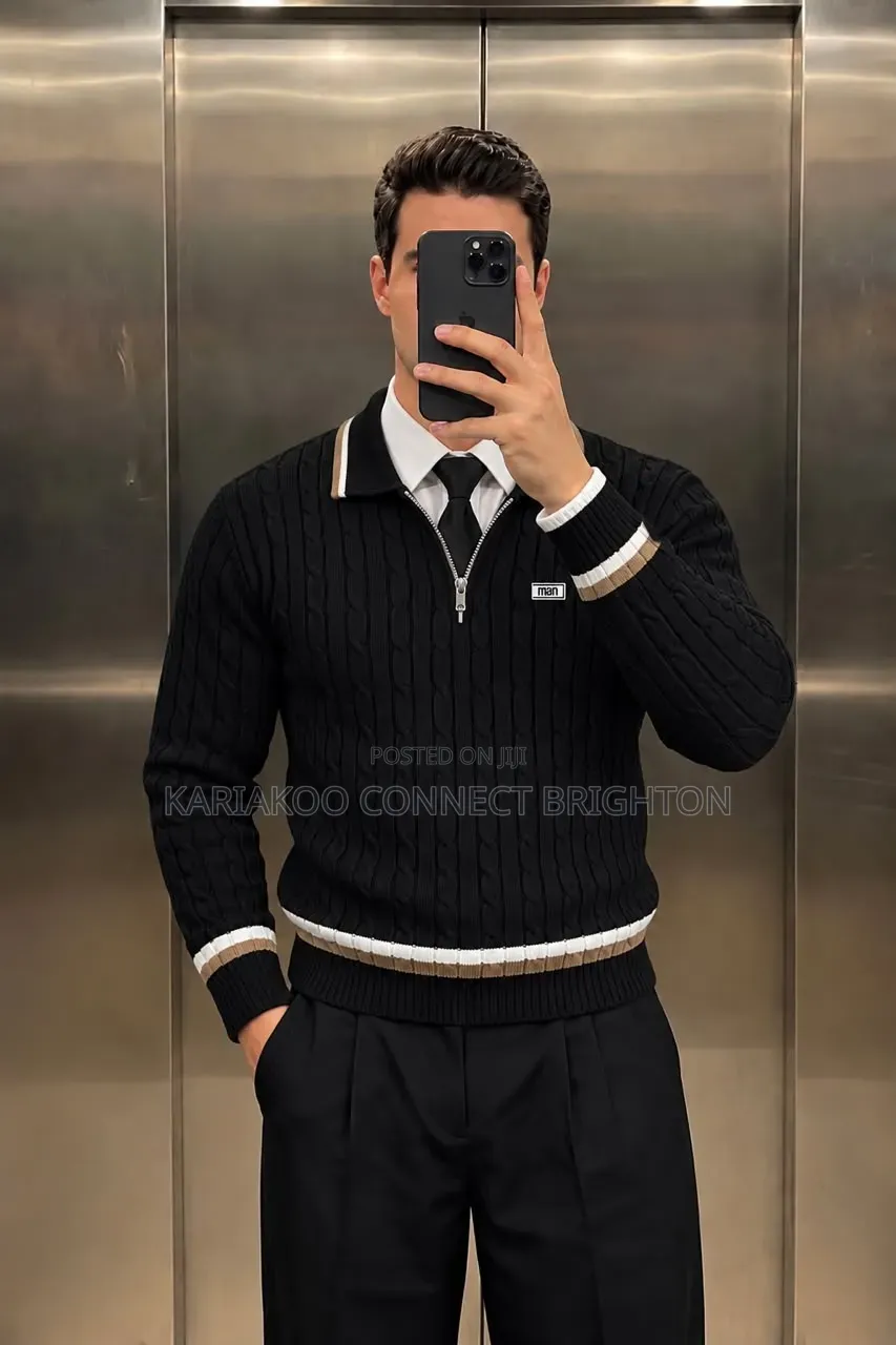 White Brown Striped Knitted Zip Sweater
