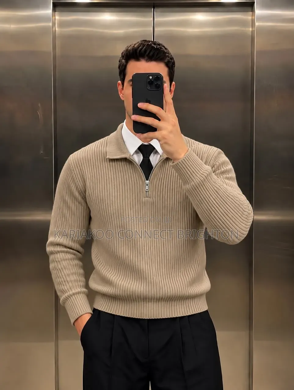 White Brown Striped Knitted Zip Sweater
