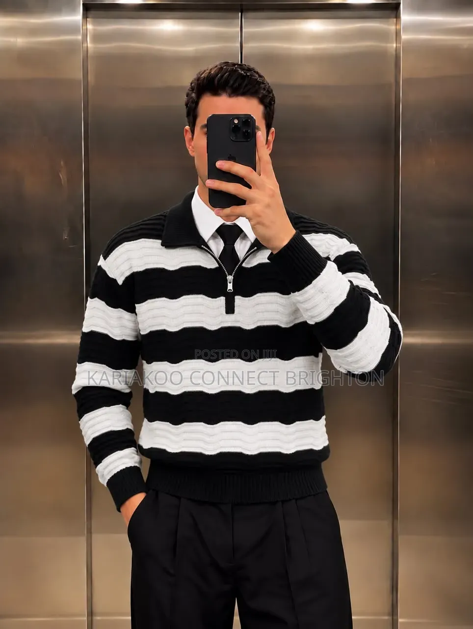 White Brown Striped Knitted Zip Sweater