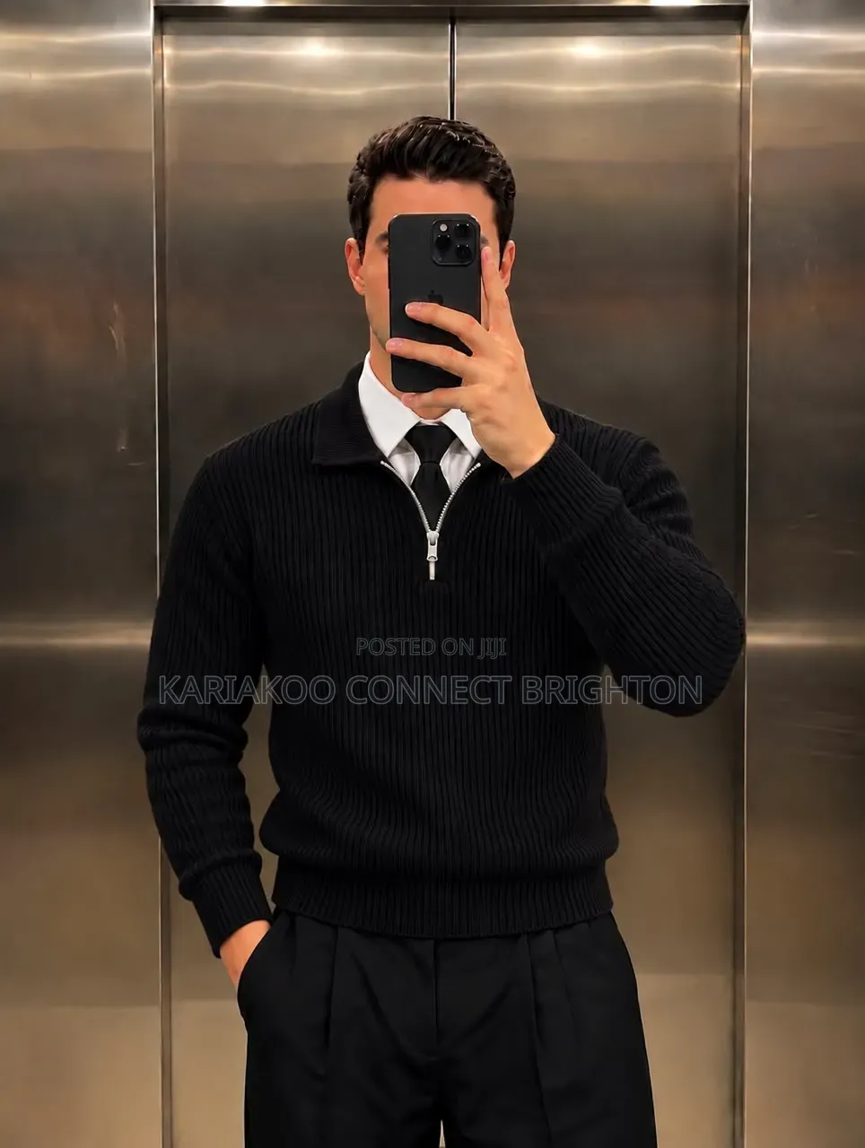 White Brown Striped Knitted Zip Sweater