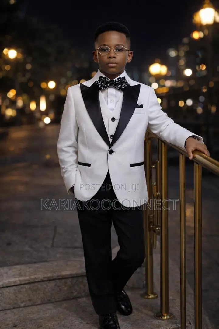 Kids White Iced Suit With Black Lapel (Jacket, Vest Trousers)