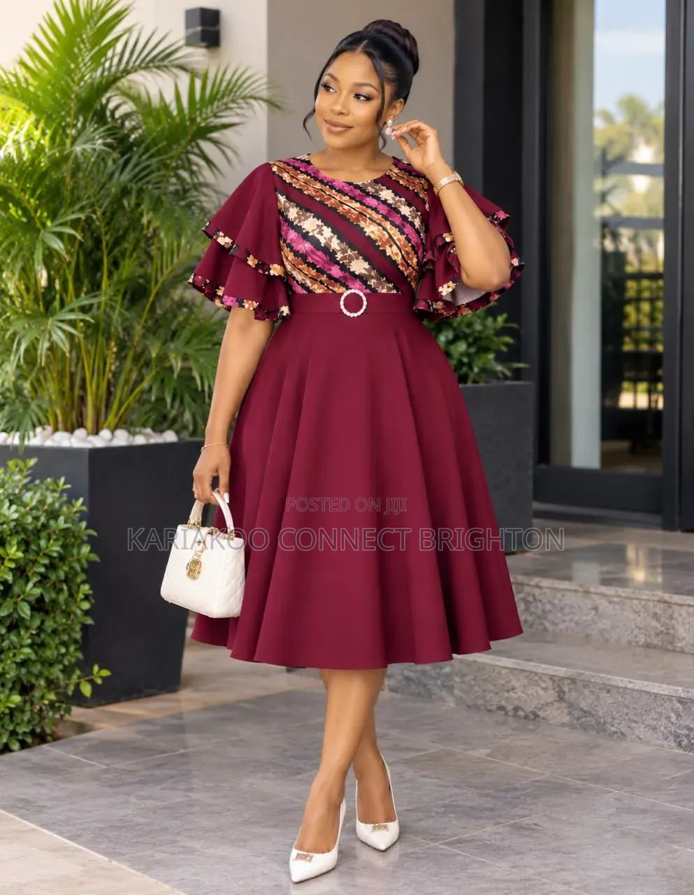 Purple Patchwork-Top Flared Midi Dress