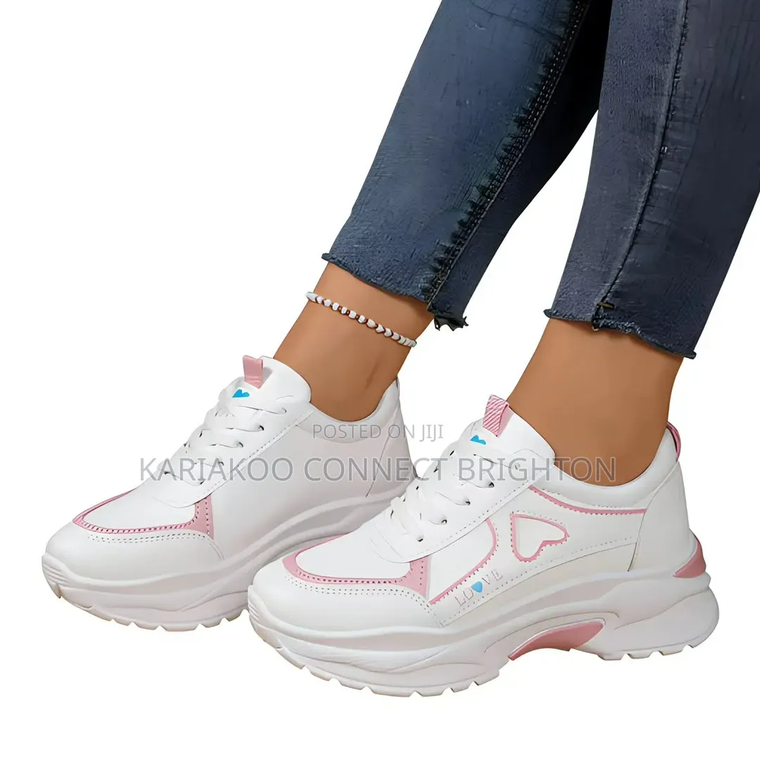 White Pink Heart Accent Chunky Sneakers