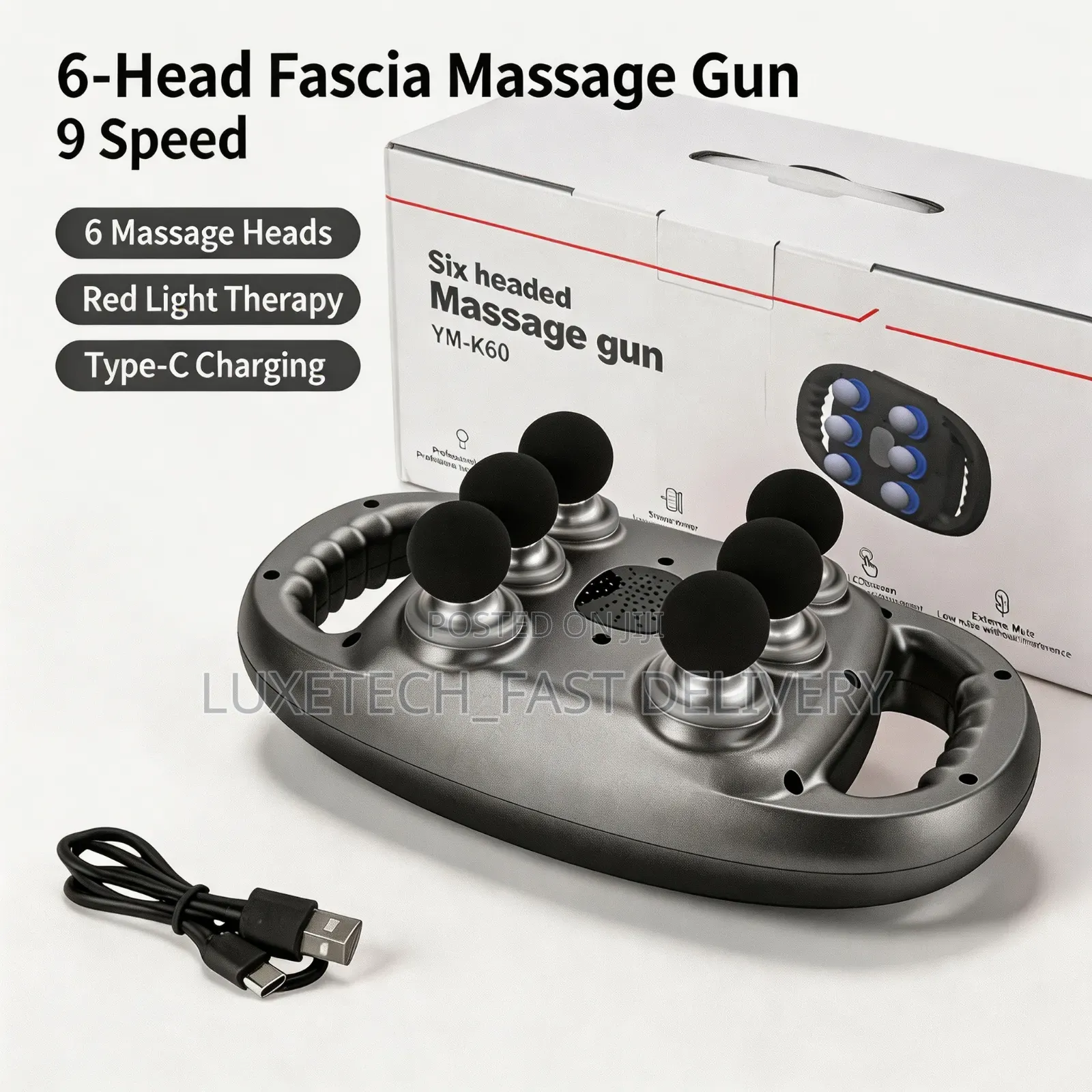 6-Head Fascia Massage Gun – 9 Speed Deep Tissue With Red Light Therapy