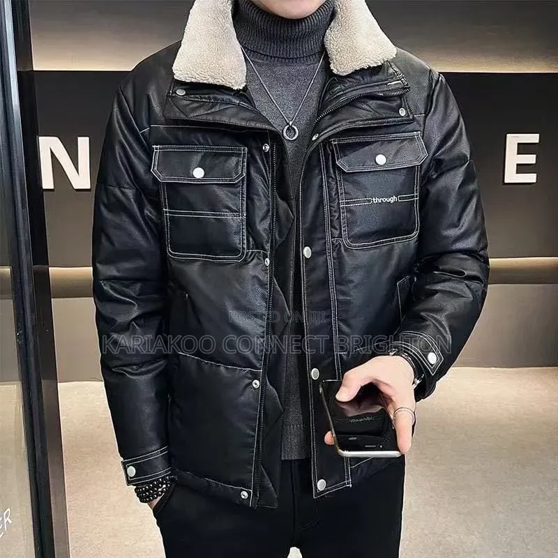 Black Faux-Leather Sherpa-Collar Jacket