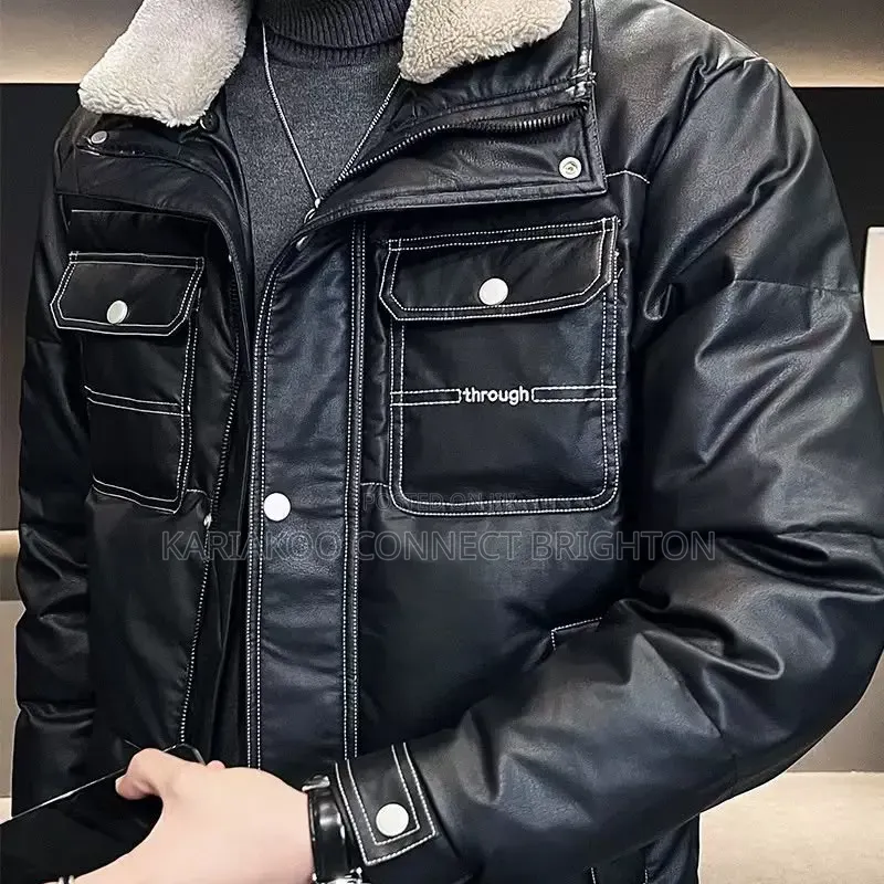 Black Faux-Leather Sherpa-Collar Jacket