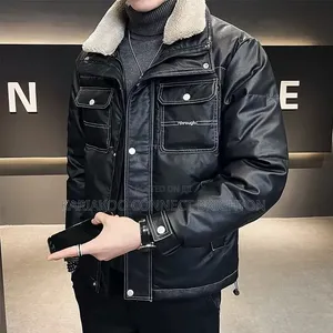 Black Faux-Leather Sherpa-Collar Jacket
