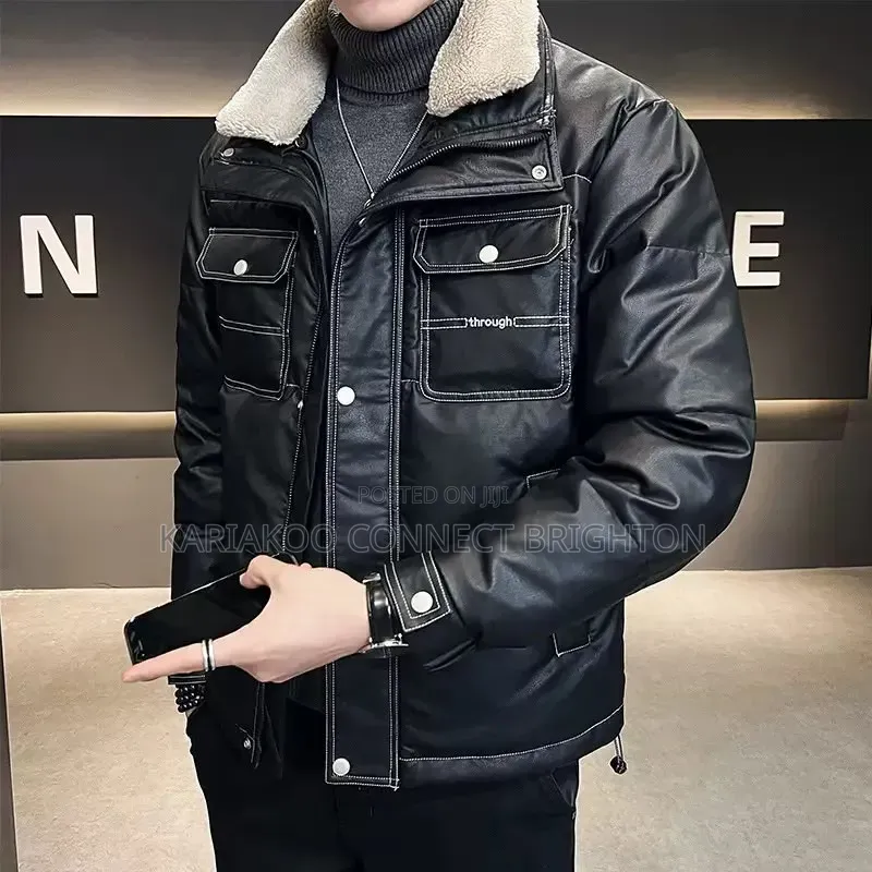Black Faux-Leather Sherpa-Collar Jacket