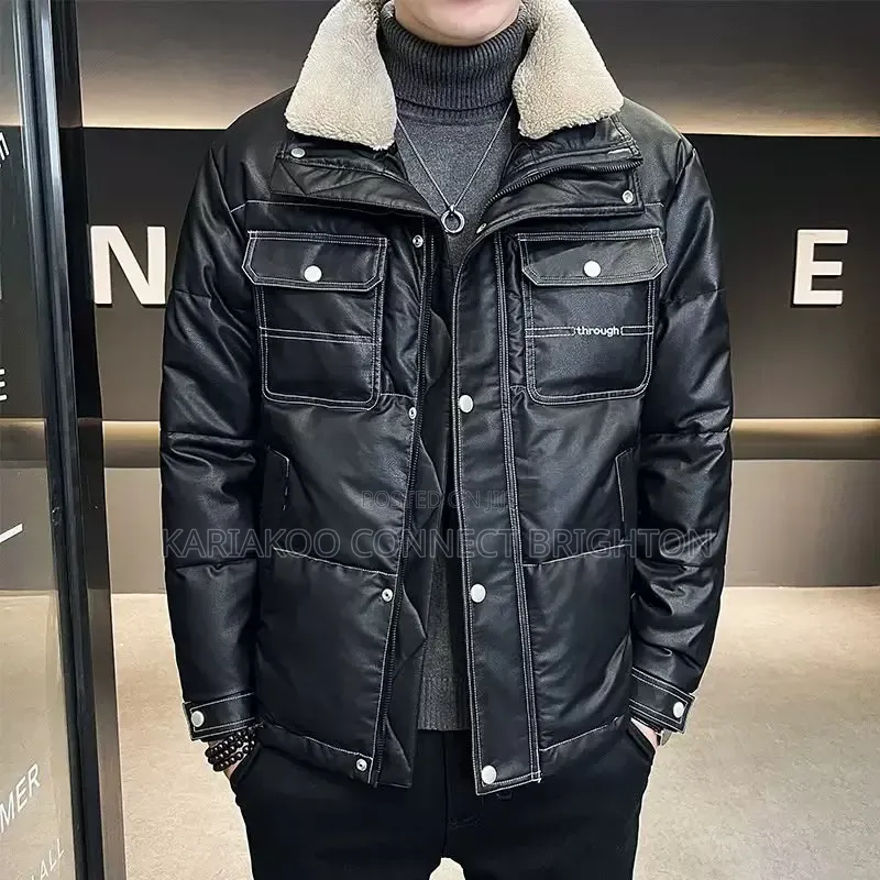 Black Faux-Leather Sherpa-Collar Jacket