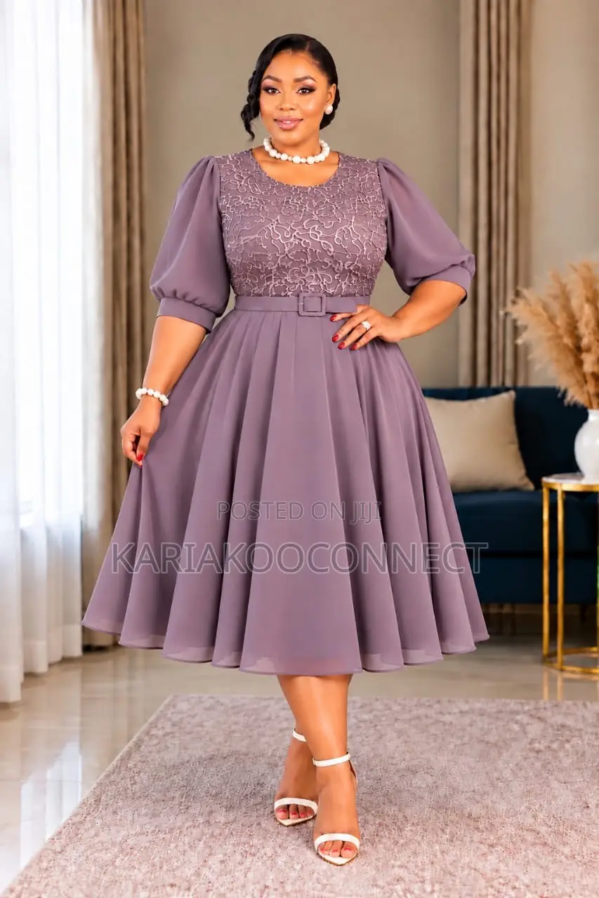 Chiffon Lace-Bodice Midi Dress