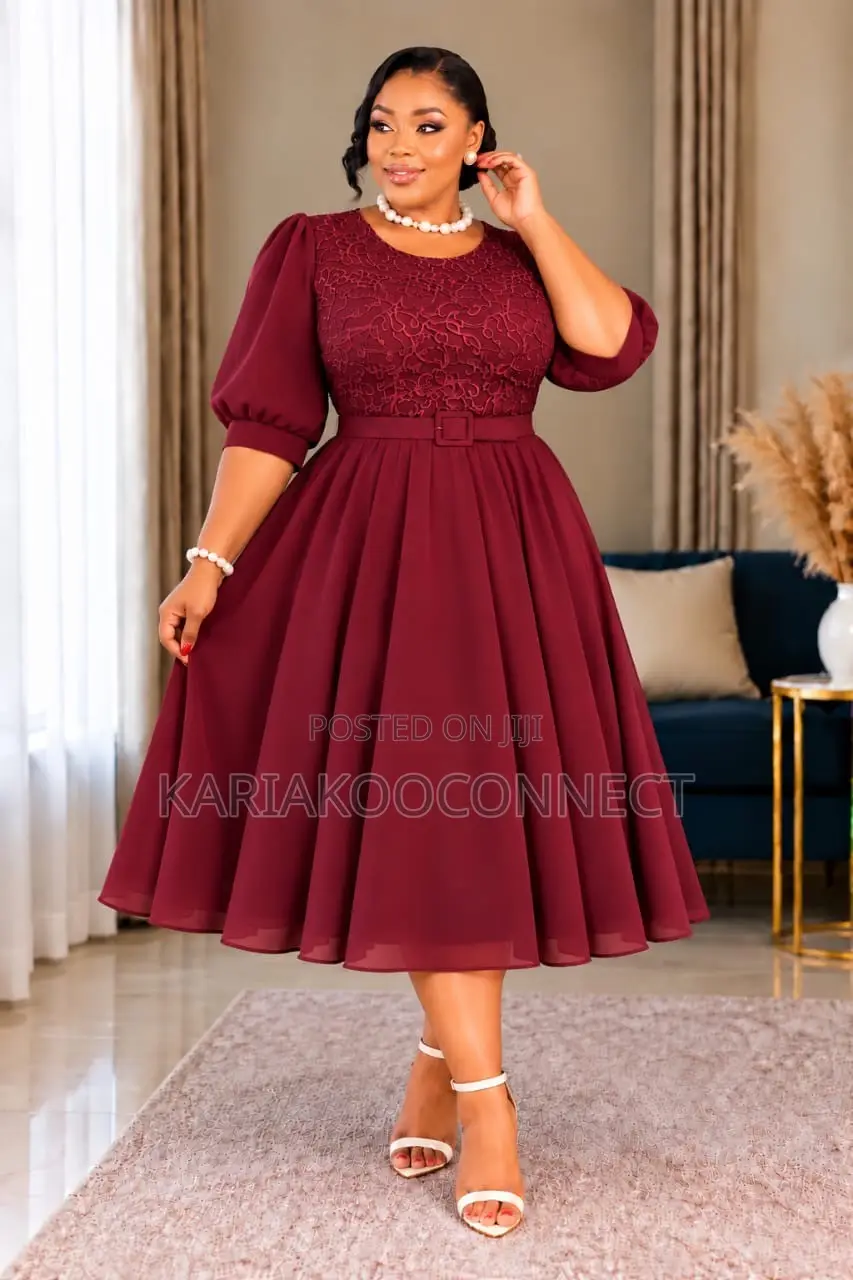 Chiffon Lace-Bodice Midi Dress