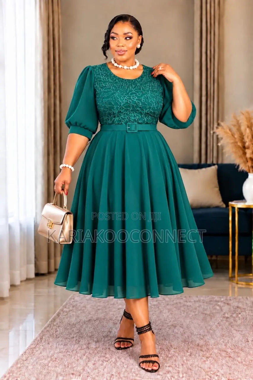 Chiffon Lace-Bodice Midi Dress