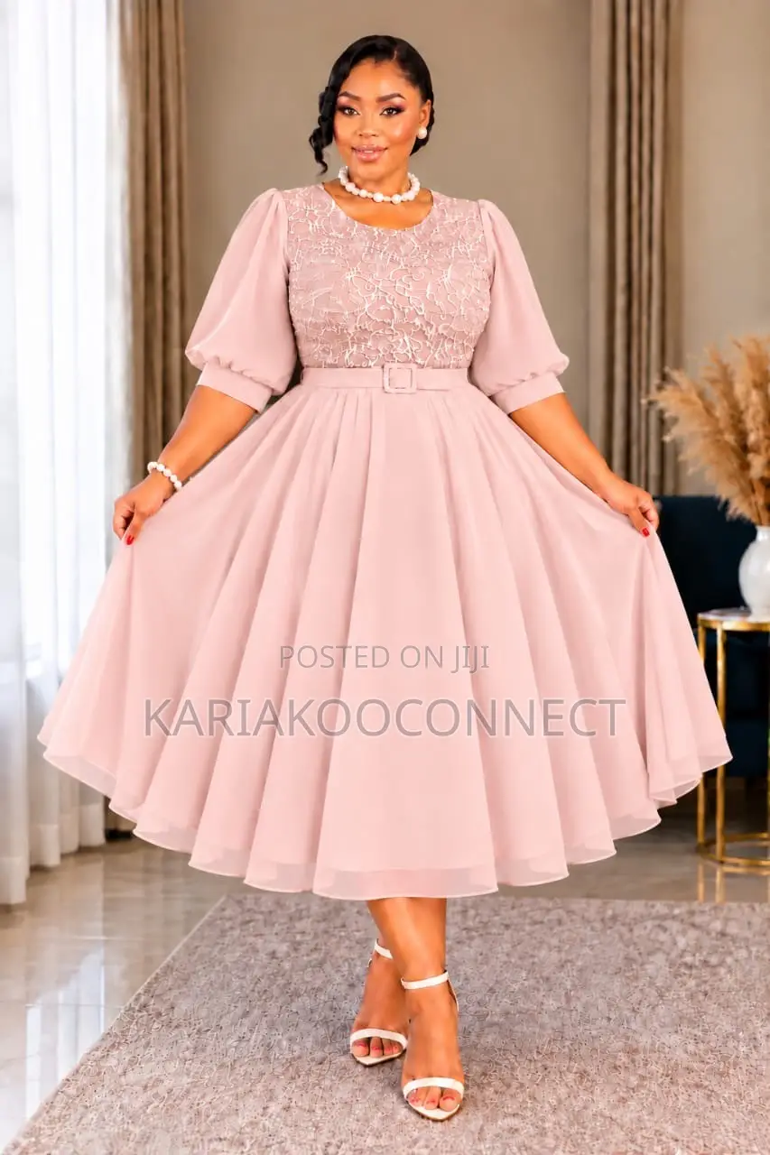 Chiffon Lace-Bodice Midi Dress