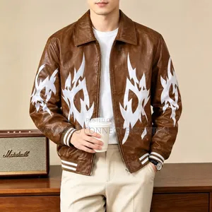 Brown Star-Print Faux-Leather Jacket