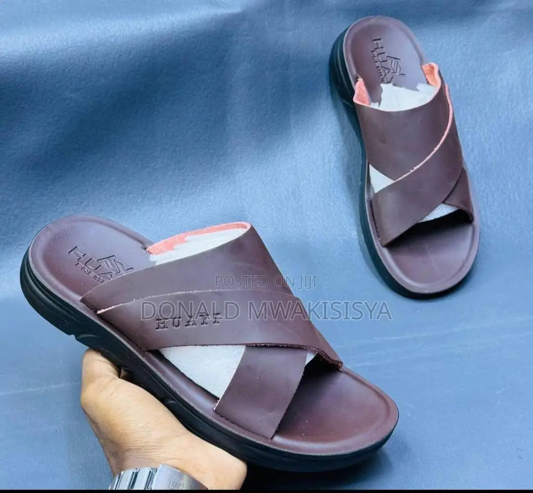 Huayi Cross Strap Leather Slippers