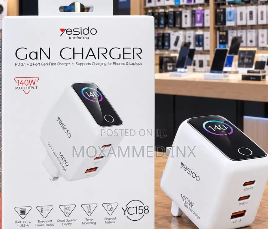YC158 Yesido 140watts GaN Charger Tripple Port 2xUSBC and 1xUSBA