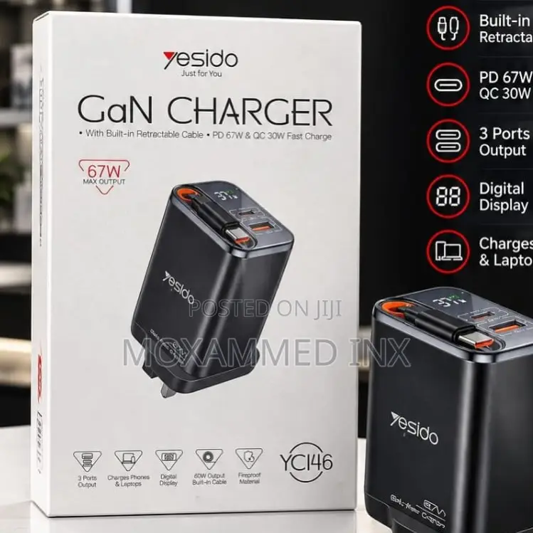 YC146 Yesido GaN Charger PD67w With Built-in Retractable Cable