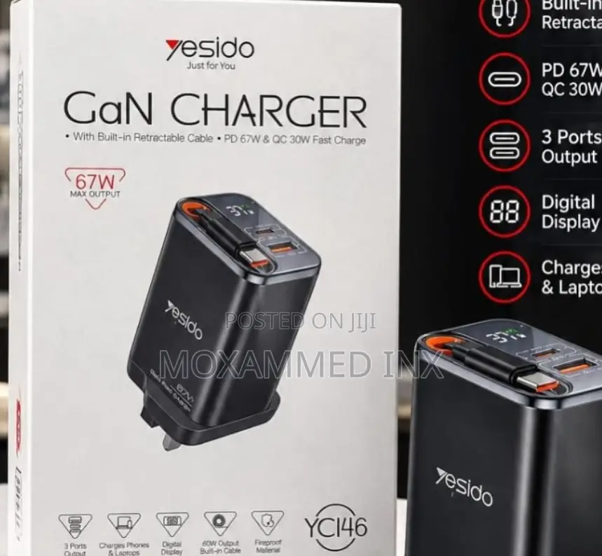 YC146 Yesido GaN Charger PD67w With Built-in Retractable Cable