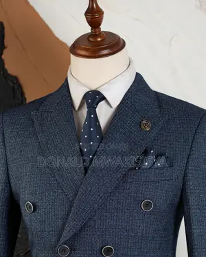 Navy Blue Double Breasted Check Suit - 6 Buttons