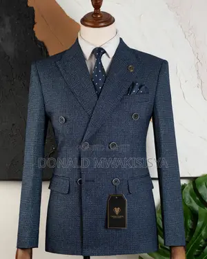 Navy Blue Double Breasted Check Suit - 6 Buttons