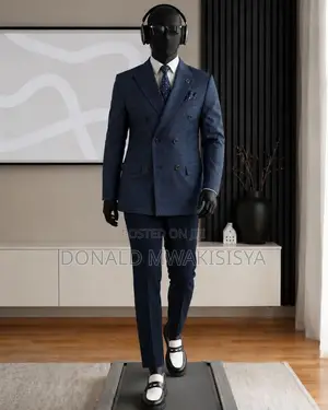 Navy Blue Double Breasted Check Suit - 6 Buttons