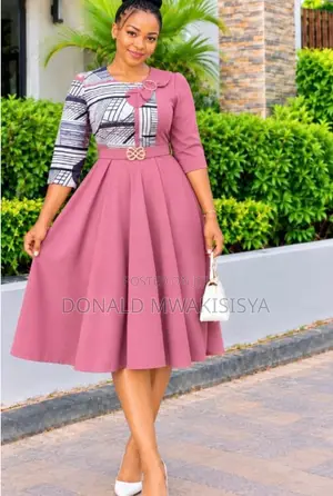 Ankara Patch Flare Office Dress With Belt - Midi