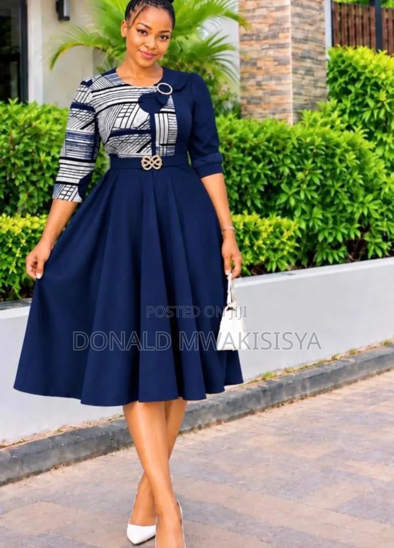 Ankara Patch Flare Office Dress With Belt - Midi