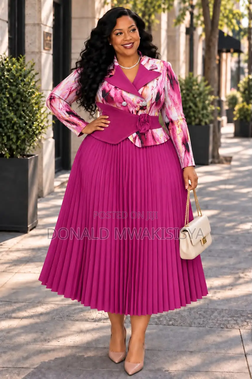 Luxury Pleated Two-Piece Dress - Blazer Top + Skirt With Corset Belt