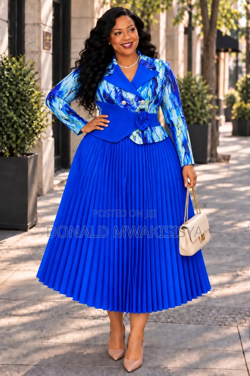 Luxury Pleated Two-Piece Dress - Blazer Top + Skirt With Corset Belt