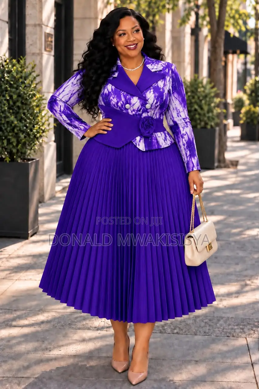 Luxury Pleated Two-Piece Dress - Blazer Top + Skirt With Corset Belt
