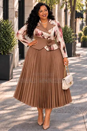 Luxury Pleated Two-Piece Dress - Blazer Top + Skirt With Corset Belt