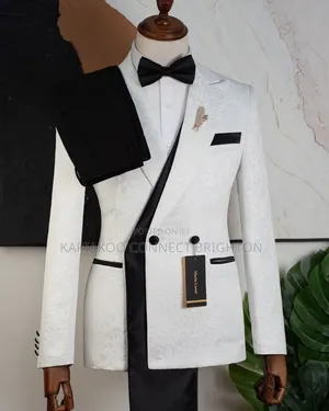 White & Black Patterned Tuxedo Suit With Bow Tie