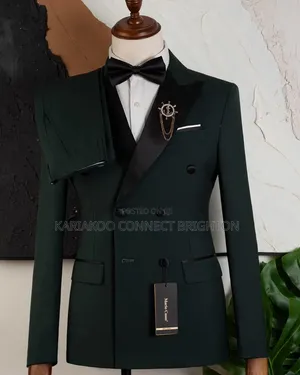 Dark Green Double-Breasted Tuxedo Suit With Bow Tie