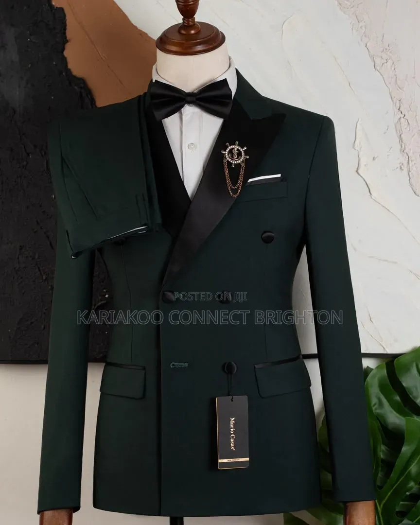 Dark Green Double-Breasted Tuxedo Suit With Bow Tie