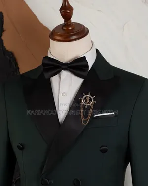 Dark Green Double-Breasted Tuxedo Suit With Bow Tie