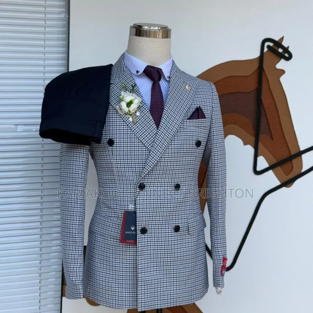 Grey Houndstooth Double-Breasted Three-Piece Suit