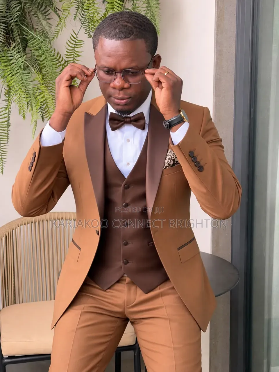 Brown Three-Piece Tuxedo Suit With Bow Tie