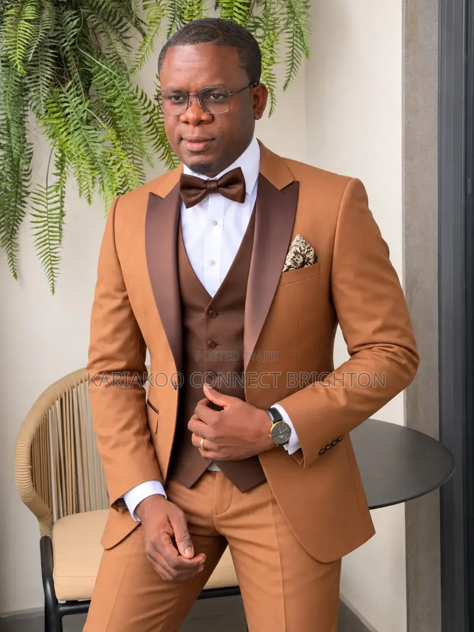 Brown Three-Piece Tuxedo Suit With Bow Tie