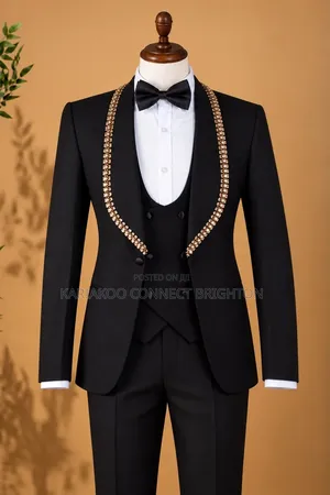 Black Beaded-Lapped Tuxedo Suit With Bow Tie